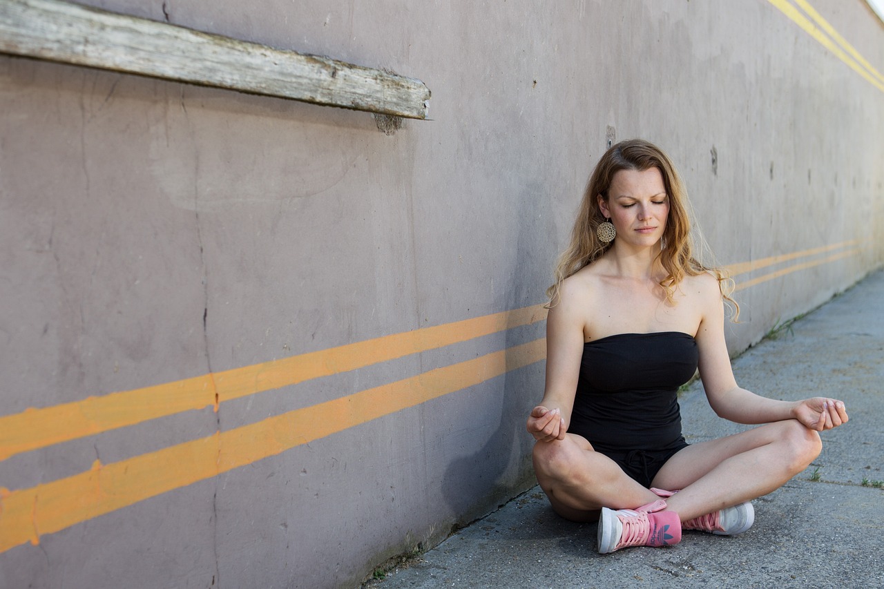 meditation, yoga, woman, blond, person, female, cross legged, urban, strip, wall, closed eyes, relaxation, summer, nature, pleasure